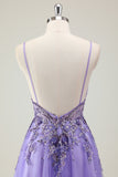 Glitter Purple Sequined A-Line Tulle Prom Dress with Beading