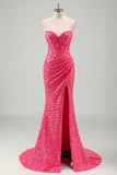 Sparkly Fuchsia Strapless Corset Sequined Mermaid Prom Dress with Slit