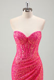 Sparkly Fuchsia Strapless Corset Sequined Mermaid Prom Dress with Slit