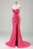 Sparkly Fuchsia Strapless Corset Sequined Mermaid Prom Dress with Slit