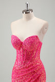 Sparkly Fuchsia Strapless Corset Sequined Mermaid Prom Dress with Slit