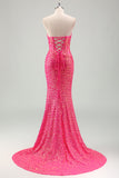 Sparkly Fuchsia Strapless Corset Sequined Mermaid Prom Dress with Slit