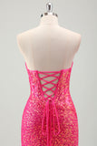 Sparkly Fuchsia Strapless Corset Sequined Mermaid Prom Dress with Slit