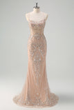 Champagne Spaghetti Straps Mermaid Prom Dress with Sequins