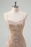 Champagne Spaghetti Straps Mermaid Prom Dress with Sequins