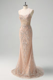 Champagne Spaghetti Straps Mermaid Prom Dress with Sequins