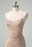 Champagne Spaghetti Straps Mermaid Prom Dress with Sequins