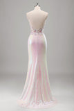 Pink Spaghetti Straps Corset Sequined Applique Mermaid Prom Dress with Slit