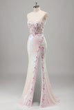 Pink Spaghetti Straps Corset Sequined Applique Mermaid Prom Dress with Slit