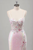 Pink Spaghetti Straps Corset Sequined Applique Mermaid Prom Dress with Slit