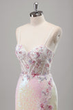 Pink Spaghetti Straps Corset Sequined Applique Mermaid Prom Dress with Slit