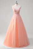 Peach Sequins Beaded A-Line Tulle Prom Dress