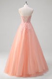 Peach Sequins Beaded A-Line Tulle Prom Dress