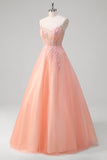 Peach Sequins Beaded A-Line Tulle Prom Dress