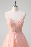 Peach Sequins Beaded A-Line Tulle Prom Dress