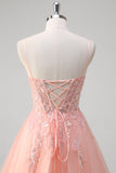 Peach Sequins Beaded A-Line Tulle Prom Dress