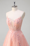 Peach Sequins Beaded A-Line Tulle Prom Dress