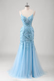 Blue Spaghetti Straps Applique Sequins Tulle Mermaid Dress with Slit