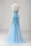 Blue Spaghetti Straps Applique Sequins Tulle Mermaid Dress with Slit