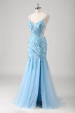 Blue Spaghetti Straps Applique Sequins Tulle Mermaid Dress with Slit