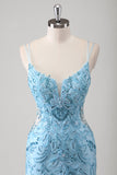 Blue Spaghetti Straps Applique Sequins Tulle Mermaid Dress with Slit