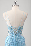 Blue Spaghetti Straps Applique Sequins Tulle Mermaid Dress with Slit