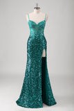 Sparkly Peacock Green Sequined Applique Mermaid Prom Dress with Slit