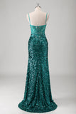 Sparkly Peacock Green Sequined Applique Mermaid Prom Dress with Slit