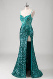 Sparkly Peacock Green Sequined Applique Mermaid Prom Dress with Slit