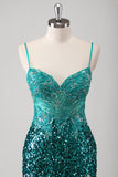 Sparkly Peacock Green Sequined Applique Mermaid Prom Dress with Slit