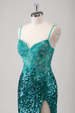 Sparkly Peacock Green Sequined Applique Mermaid Prom Dress with Slit