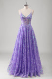 Glitter Purple Spaghetti Straps Sequined A-Line Prom Dress