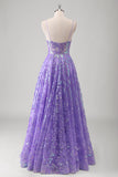 Glitter Purple Spaghetti Straps Sequined A-Line Prom Dress