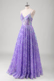 Glitter Purple Spaghetti Straps Sequined A-Line Prom Dress