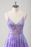 Glitter Purple Spaghetti Straps Sequined A-Line Prom Dress