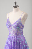 Glitter Purple Spaghetti Straps Sequined A-Line Prom Dress