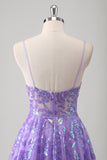 Glitter Purple Spaghetti Straps Sequined A-Line Prom Dress