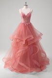 Coral Princess Ball Gown Applique Ruffled Tulle Prom Dress