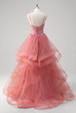 Coral Princess Ball Gown Applique Ruffled Tulle Prom Dress