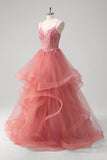 Coral Princess Ball Gown Applique Ruffled Tulle Prom Dress