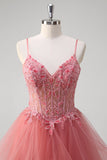 Coral Princess Ball Gown Applique Ruffled Tulle Prom Dress