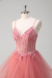 Coral Princess Ball Gown Applique Ruffled Tulle Prom Dress