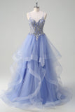 Sparkly Sequins Light Blue A Line Spaghetti Straps Prom Dress with Ruffles