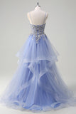 Sparkly Sequins Light Blue A Line Spaghetti Straps Prom Dress with Ruffles