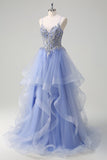 Sparkly Sequins Light Blue A Line Spaghetti Straps Prom Dress with Ruffles