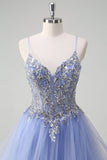 Sparkly Sequins Light Blue A Line Spaghetti Straps Prom Dress with Ruffles