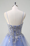 Sparkly Sequins Light Blue A Line Spaghetti Straps Prom Dress with Ruffles