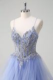 Sparkly Sequins Light Blue A Line Spaghetti Straps Prom Dress with Ruffles