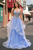 Sparkly Sequins Light Blue A Line Spaghetti Straps Prom Dress with Ruffles