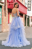 Sparkly Sequins Light Blue A Line Spaghetti Straps Prom Dress with Ruffles